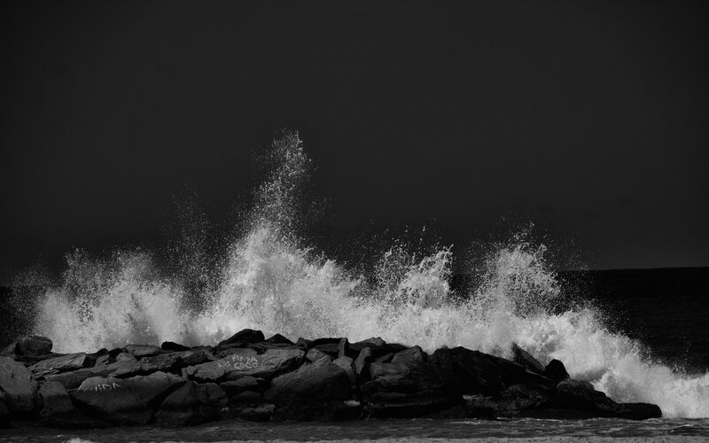 Waves Crashing on Rocks — Black, Dramatic