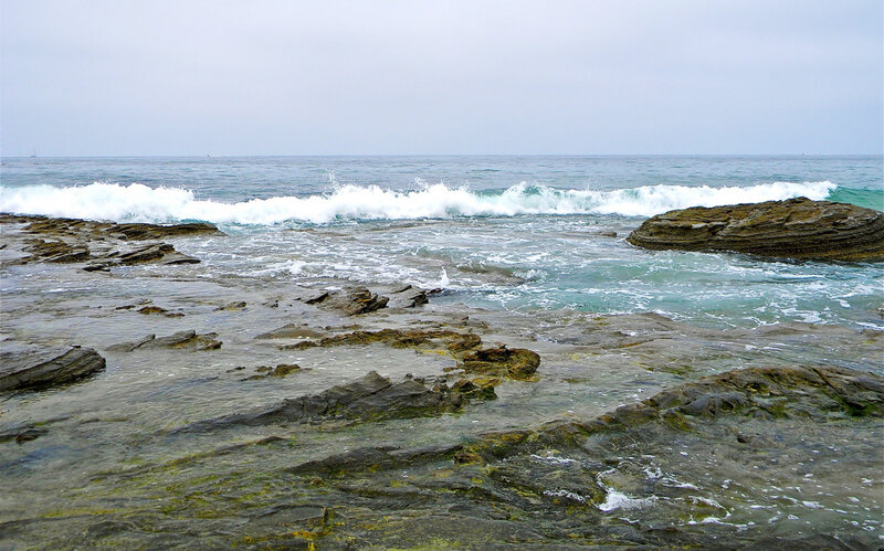 Waves Crashing on Rocks — Blue, Calm, Photograph