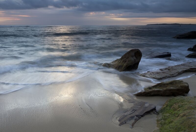Waves Crashing on Rocks — Blue, Calm, Sunset, Photograph, Ocean, Sky