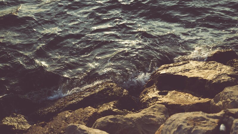 Waves Crashing on Rocks — Blue, Calm, Sunset, Photograph, Ocean