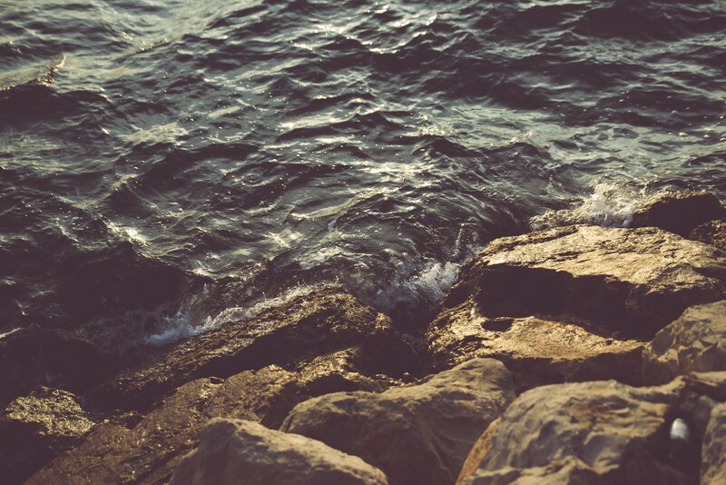Waves Crashing on Rocks — Blue, Calm, Sunset, Photograph