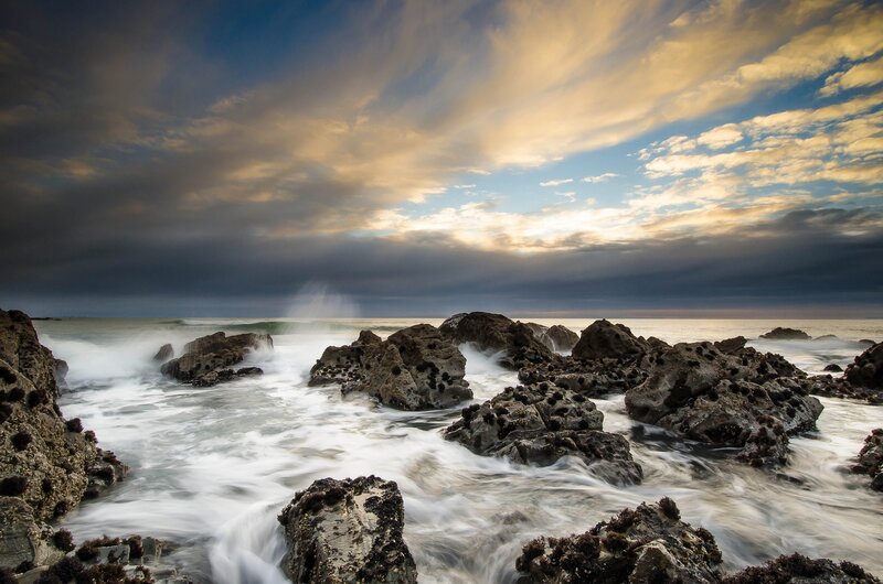 Waves Crashing on Rocks — Blue, Clouds