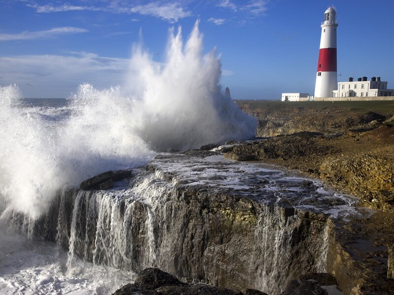 Waves Crashing on Rocks — Blue, Dramatic, Afternoon, Photograph, Lighthouse