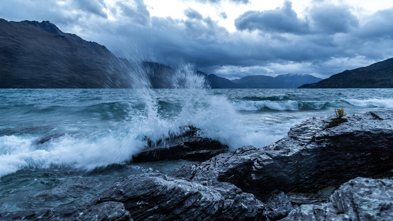 Waves Crashing on Rocks — Blue, Dramatic, Afternoon, Photograph, Mountains
