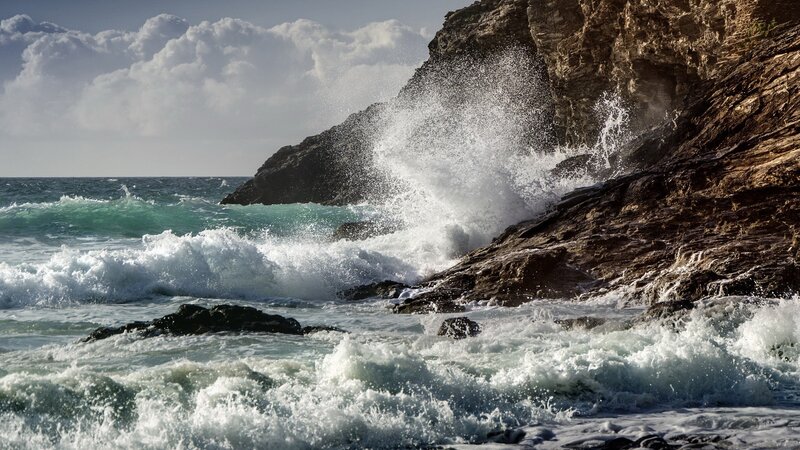 Waves Crashing on Rocks — Blue, Dramatic, Afternoon, Photograph, Ocean, Cliffs, Clouds