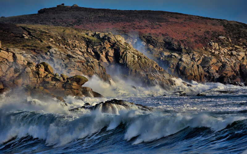 Waves Crashing on Rocks — Blue, Dramatic, Afternoon, Photograph, Ocean, Cliffs, Sky