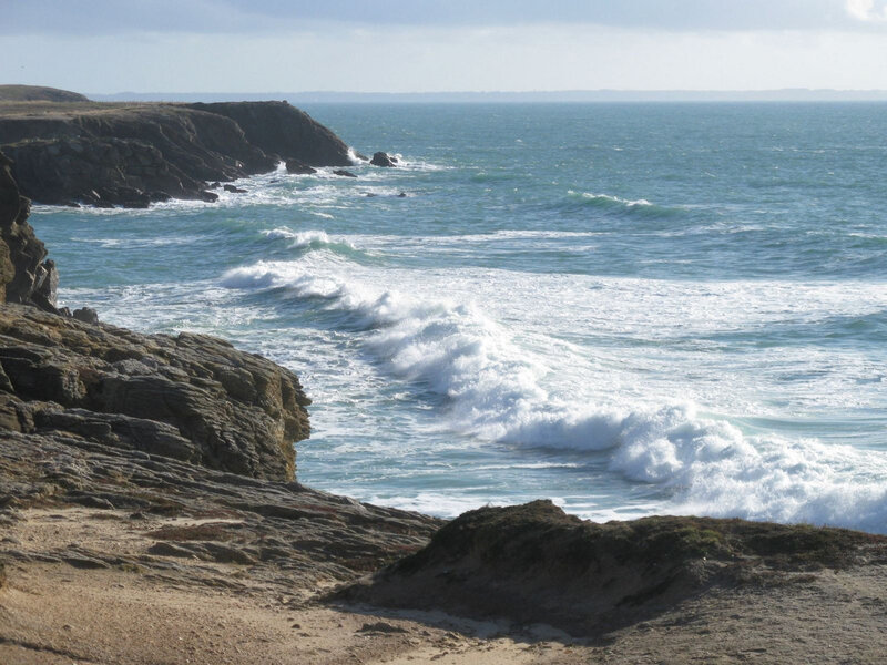 Waves Crashing on Rocks — Blue, Dramatic, Afternoon, Photograph, Ocean, Cliffs, Sky, White, Brown