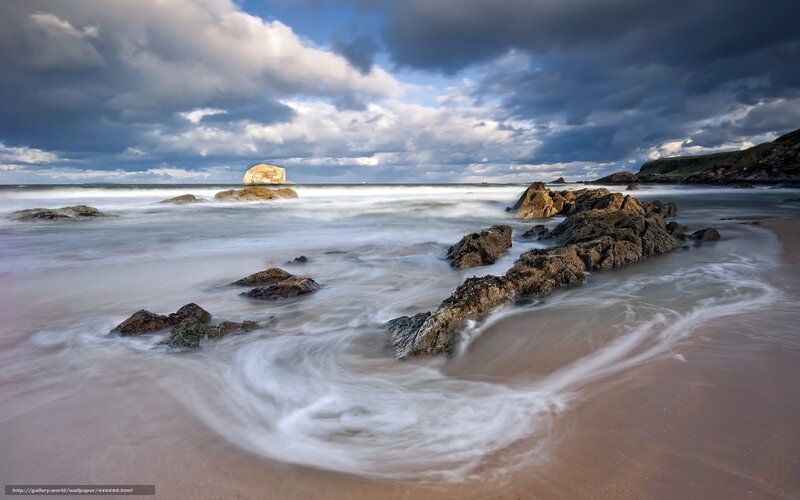 Waves Crashing on Rocks — Blue, Dramatic, Afternoon, Photograph, Ocean, Clouds, Beach