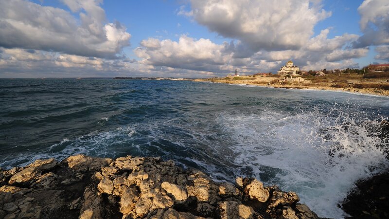 Waves Crashing on Rocks — Blue, Dramatic, Afternoon, Photograph, Ocean, Clouds