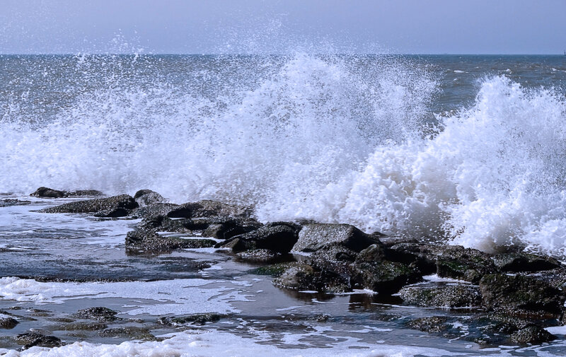 Waves Crashing on Rocks — Blue, Dramatic, Afternoon, Photograph, Ocean, Foam