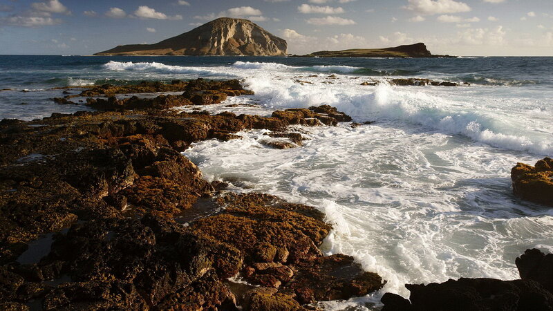 Waves Crashing on Rocks — Blue, Dramatic, Afternoon, Photograph, Ocean, Island, Sky, Brown