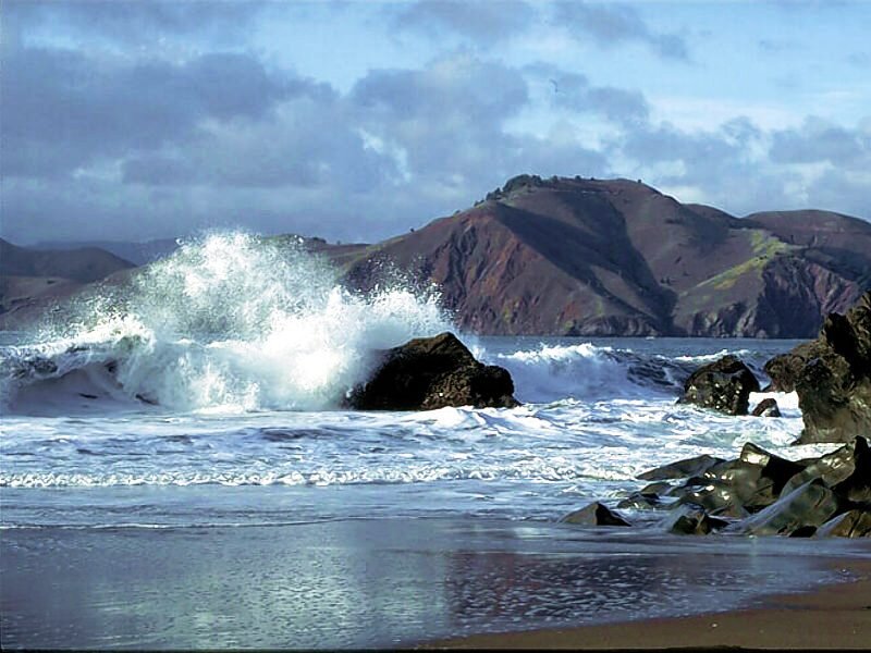 Waves Crashing on Rocks — Blue, Dramatic, Afternoon, Photograph, Ocean, Mountain