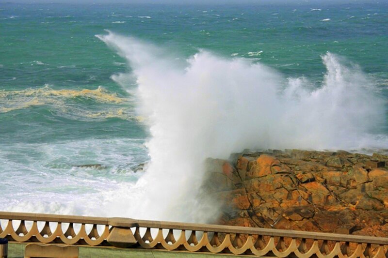 Waves Crashing on Rocks — Blue, Dramatic, Afternoon, Photograph, Ocean, Railing