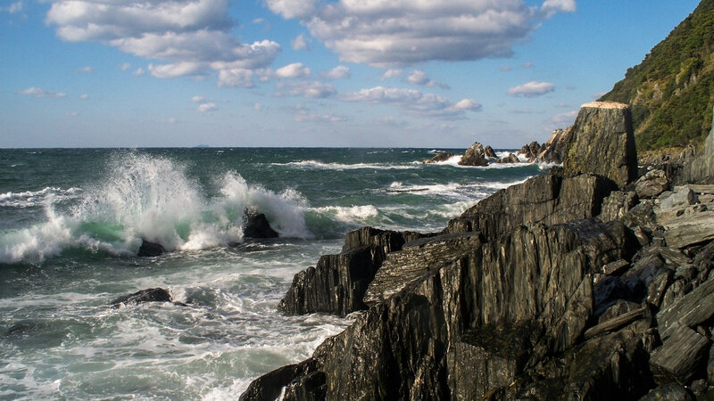 Waves Crashing on Rocks — Blue, Dramatic, Afternoon, Photograph, Ocean, Sky, Clouds, Cliffs