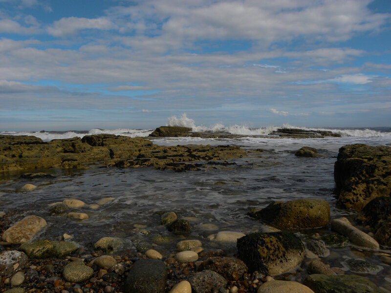 Waves Crashing on Rocks — Blue, Dramatic, Afternoon, Photograph, Ocean, Sky, Clouds