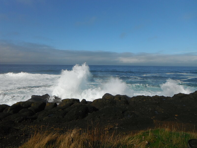 Waves Crashing on Rocks — Blue, Dramatic, Afternoon, Photograph, Ocean, Sky, Grass