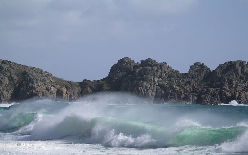 Waves Crashing on Rocks — Blue, Dramatic, Afternoon, Photograph, Ocean, Sky, Green, Gray