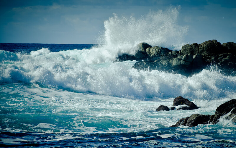Waves Crashing on Rocks — Blue, Dramatic, Afternoon, Photograph, Ocean, Sky