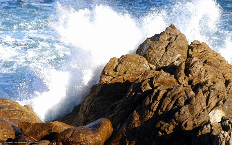 Waves Crashing on Rocks — Blue, Dramatic, Afternoon, Photograph, Ocean, Sunlight