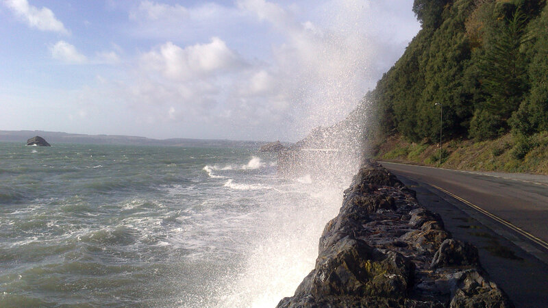 Waves Crashing on Rocks — Blue, Dramatic, Afternoon, Photograph, Road