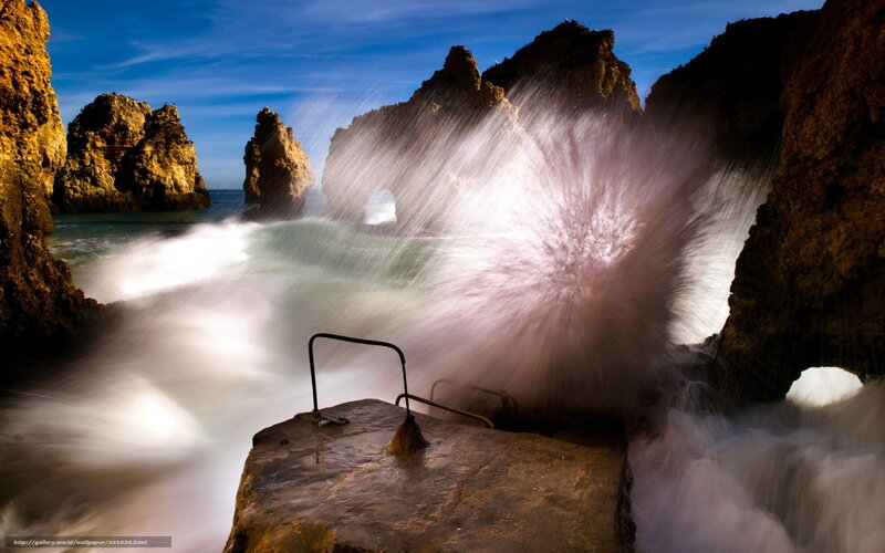 Waves Crashing on Rocks — Blue, Dramatic, Afternoon, Photograph, Sea