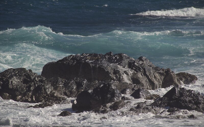 Waves Crashing on Rocks — Blue, Dramatic, Afternoon, Photograph