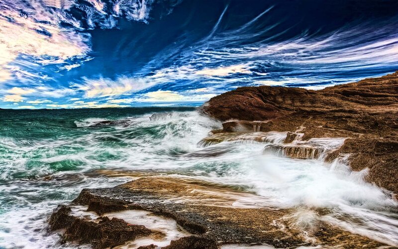 Waves Crashing on Rocks — Blue, Dramatic, Afternoon