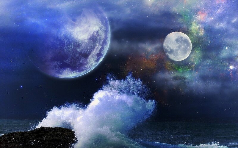 Waves Crashing on Rocks — Blue, Dramatic, Night, Digital Art