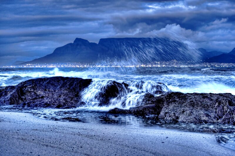 Waves Crashing on Rocks — Blue, Dramatic, Night, Photograph, Mountain