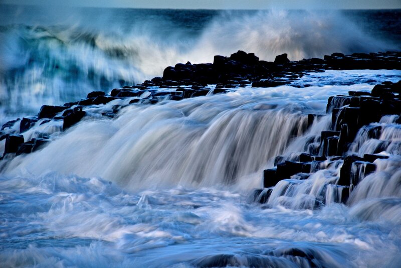 Waves Crashing on Rocks — Blue, Dramatic, Night, Photograph, Ocean, Foam