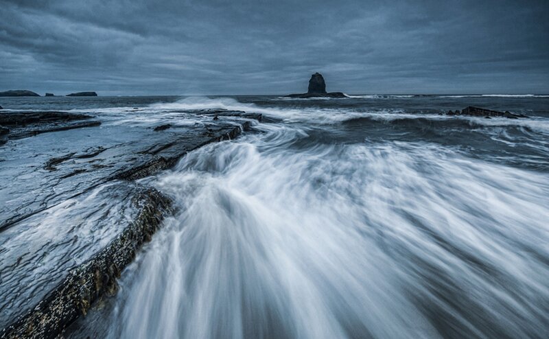 Waves Crashing on Rocks — Blue, Dramatic, Night, Photograph, Ocean