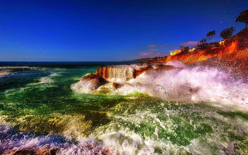 Waves Crashing on Rocks — Blue, Dramatic, Night, Photograph