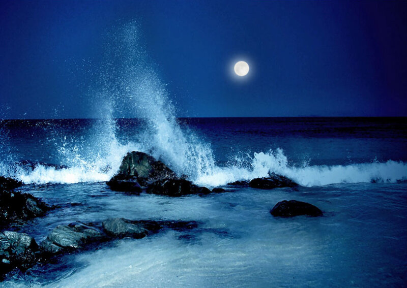 Waves Crashing on Rocks — Blue, Dramatic, Night