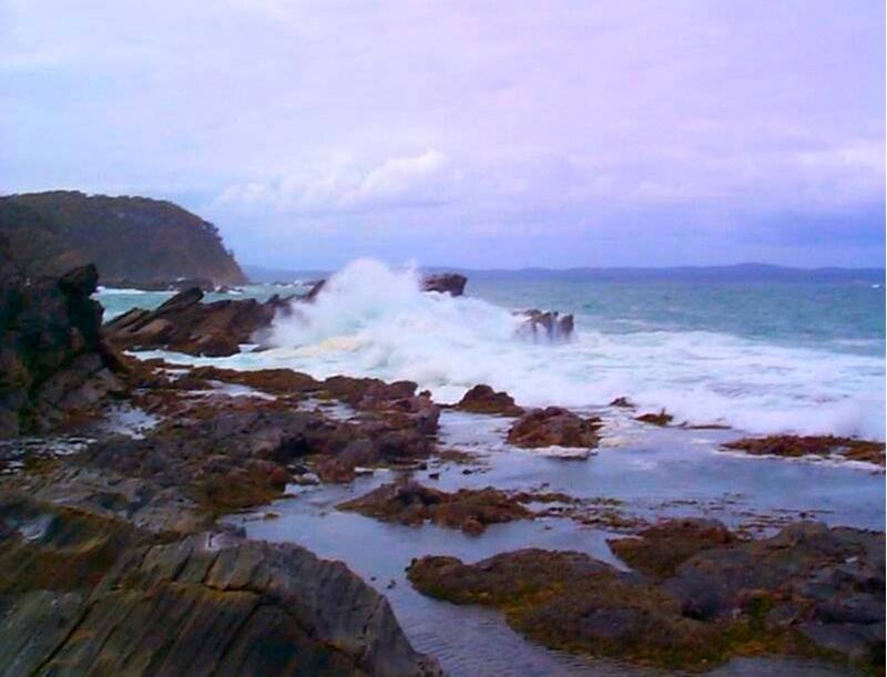 Waves Crashing on Rocks — Blue, Dramatic, Photograph, Ocean, Cliffs, Sky