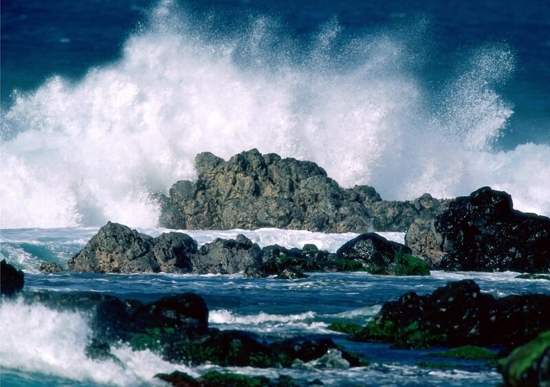 Waves Crashing on Rocks — Blue, Dramatic, Photograph, Ocean, Foam