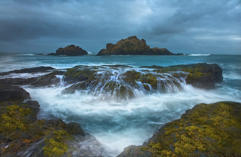 Waves Crashing on Rocks — Blue, Dramatic, Photograph, Ocean, Sky, Green
