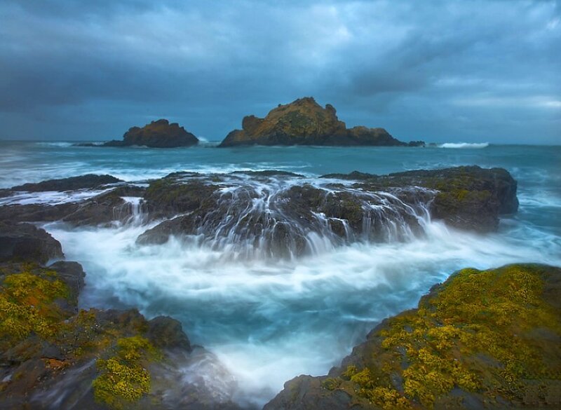 Waves Crashing on Rocks — Blue, Dramatic, Photograph, Ocean, Sky, Moss