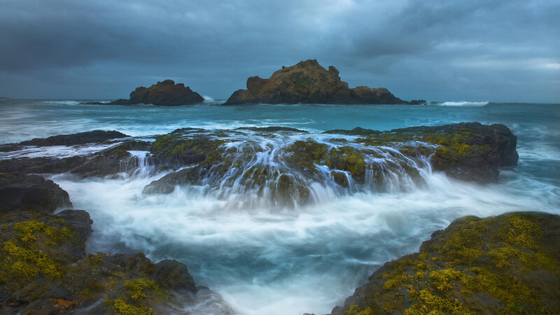 Waves Crashing on Rocks — Blue, Dramatic, Photograph, Ocean, Sky, Seaweed