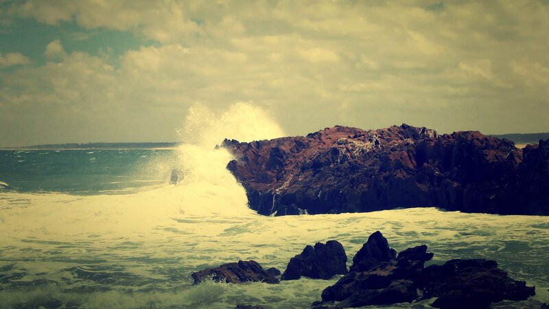 Waves Crashing on Rocks — Blue, Dramatic, Photograph, Ocean, Sky, White, Brown