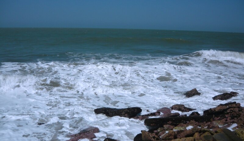 Waves Crashing on Rocks — Blue, Dramatic, Photograph, Ocean, Sky, White, Gray