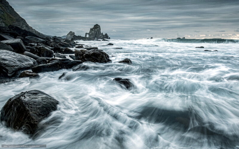 Waves Crashing on Rocks — Blue, Dramatic, Photograph, Sea