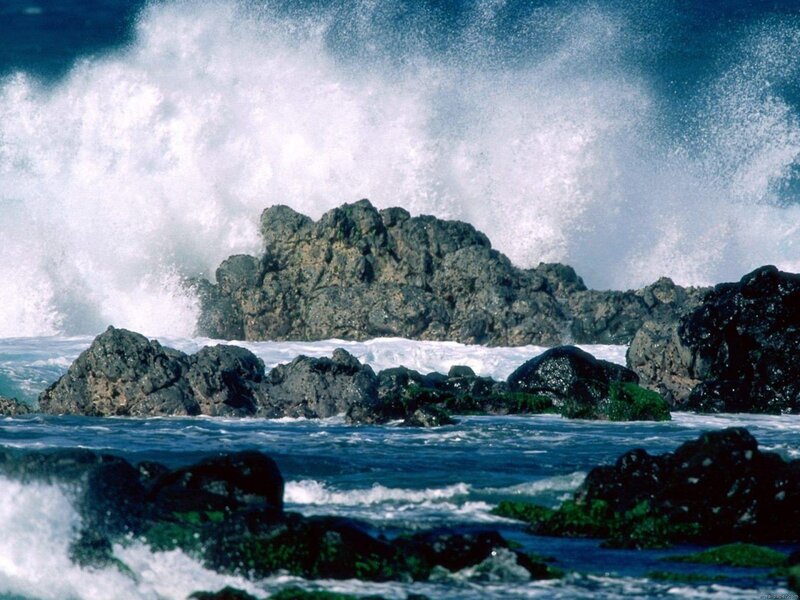 Waves Crashing on Rocks — Blue, Dramatic, Photograph