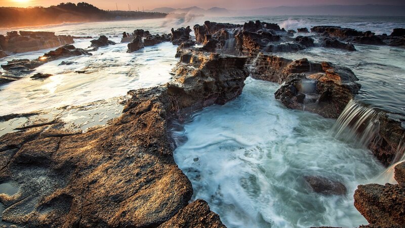 Waves Crashing on Rocks — Blue, Dramatic, Sunrise, Photograph