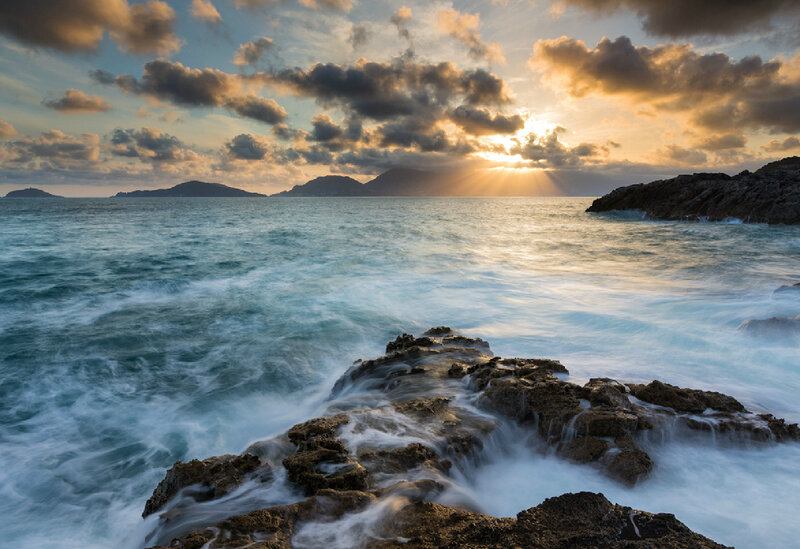 Waves Crashing on Rocks — Blue, Dramatic, Sunrise