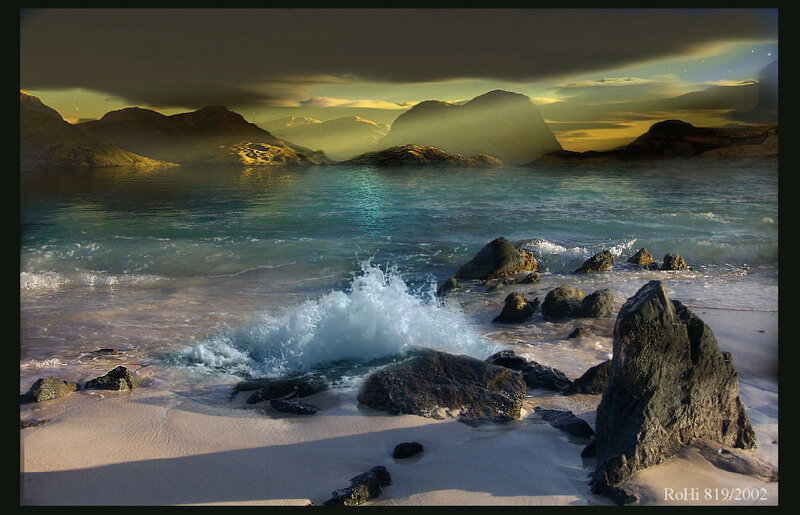 Waves Crashing on Rocks — Blue, Dramatic, Sunset, Digital Art