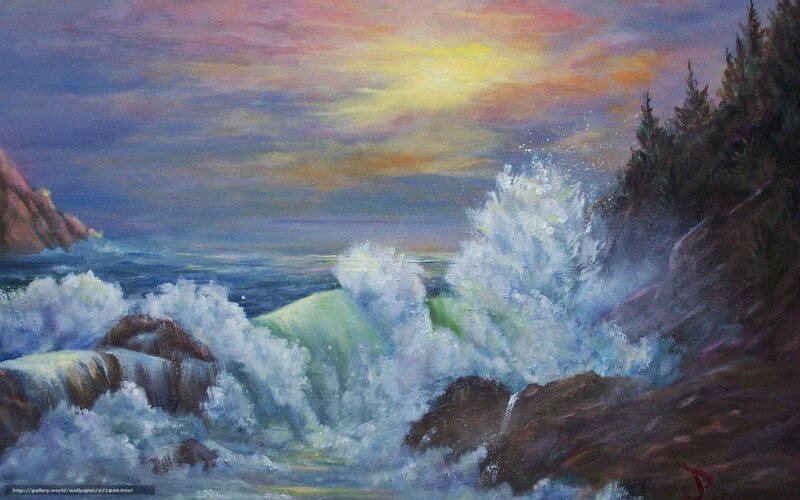 Waves Crashing on Rocks — Blue, Dramatic, Sunset, Painting