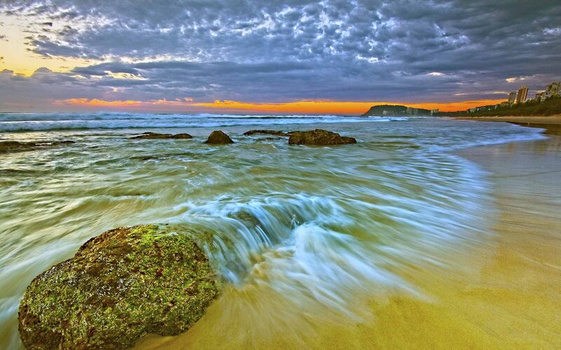 Waves Crashing on Rocks — Blue, Dramatic, Sunset, Photograph, Beach, Sky