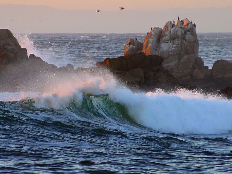 Waves Crashing on Rocks — Blue, Dramatic, Sunset, Photograph, Birds