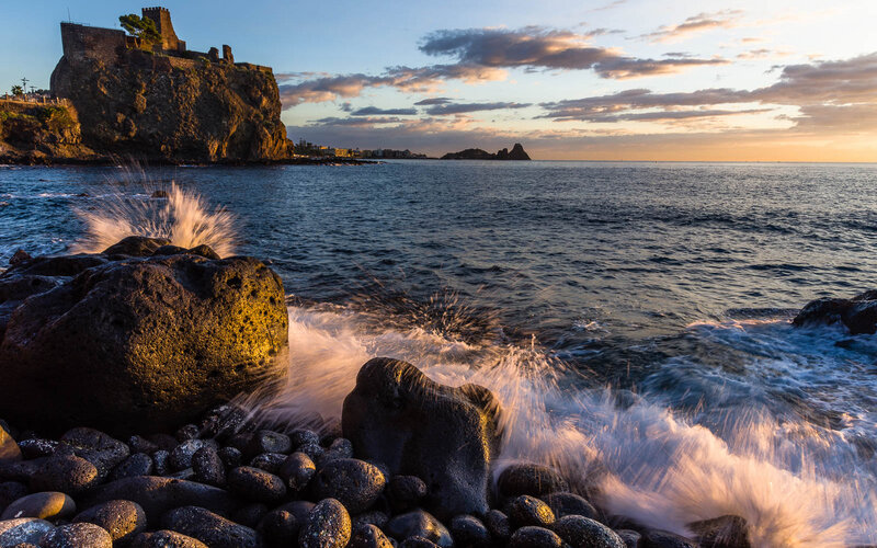 Waves Crashing on Rocks — Blue, Dramatic, Sunset, Photograph, Castle, Sea