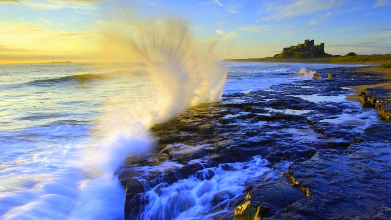 Waves Crashing on Rocks — Blue, Dramatic, Sunset, Photograph, Castle